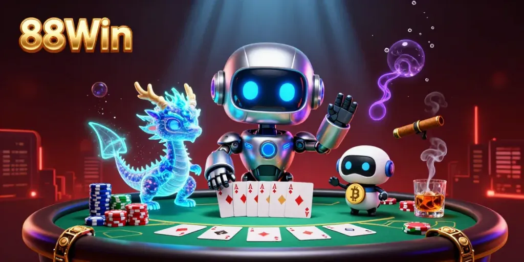 Experience thrilling gameplay with 88Win's vibrant illustration showcasing a cyberpunk robot at a poker table.