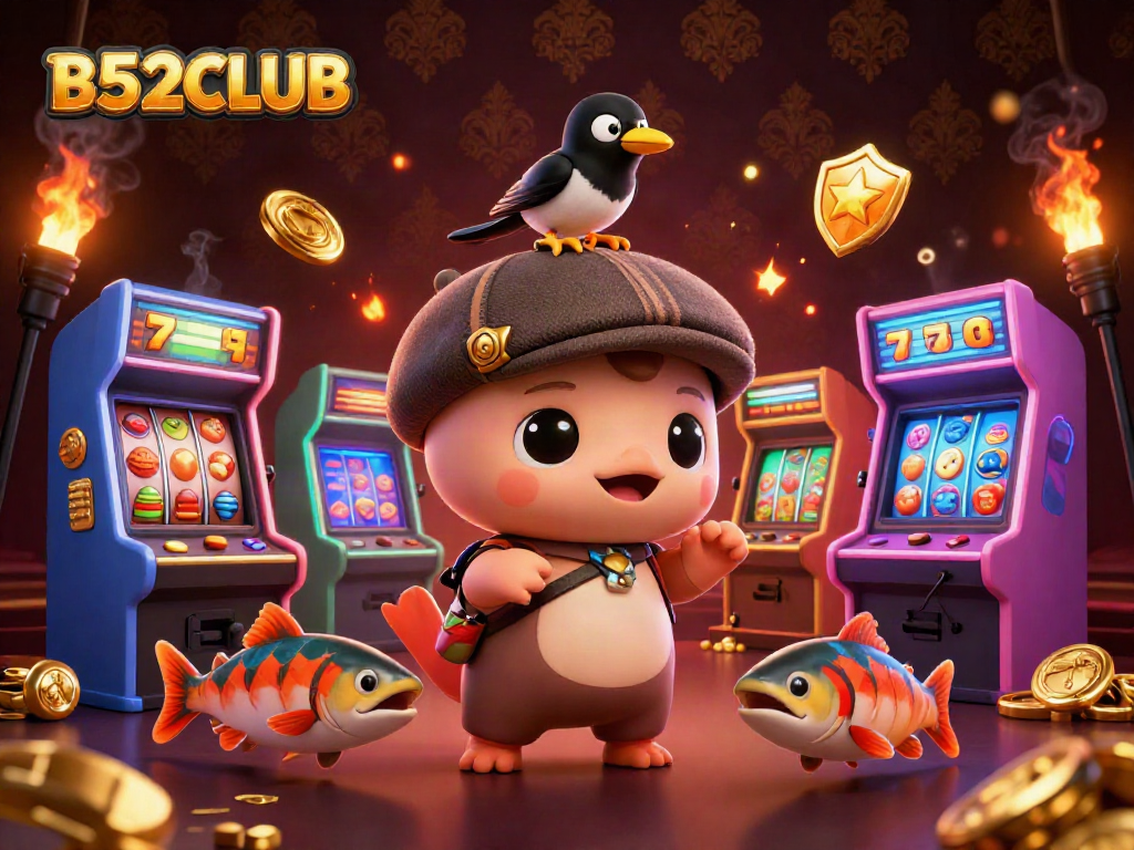 Engage with thrilling B52CLUB slot games, featuring charming characters and vibrant casino elements.