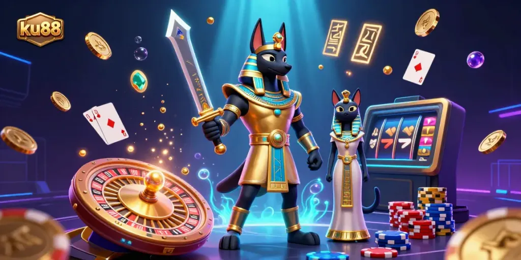 Engage with ku88's thrilling sportsbook featuring vibrant casino elements and ancient Egyptian warriors.