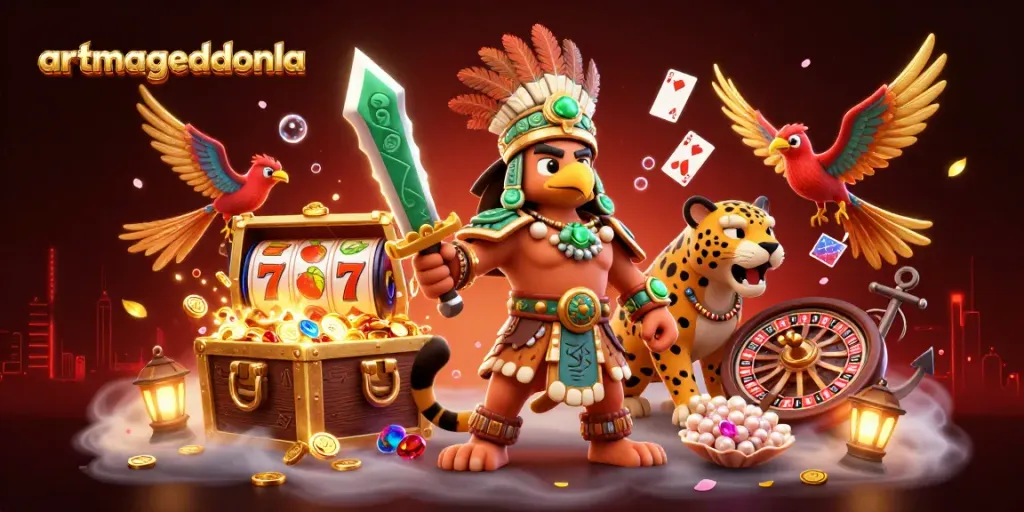 artmageddonla brings excitement with a vibrant scene of Aztec warriors engaging with slot reels and treasure