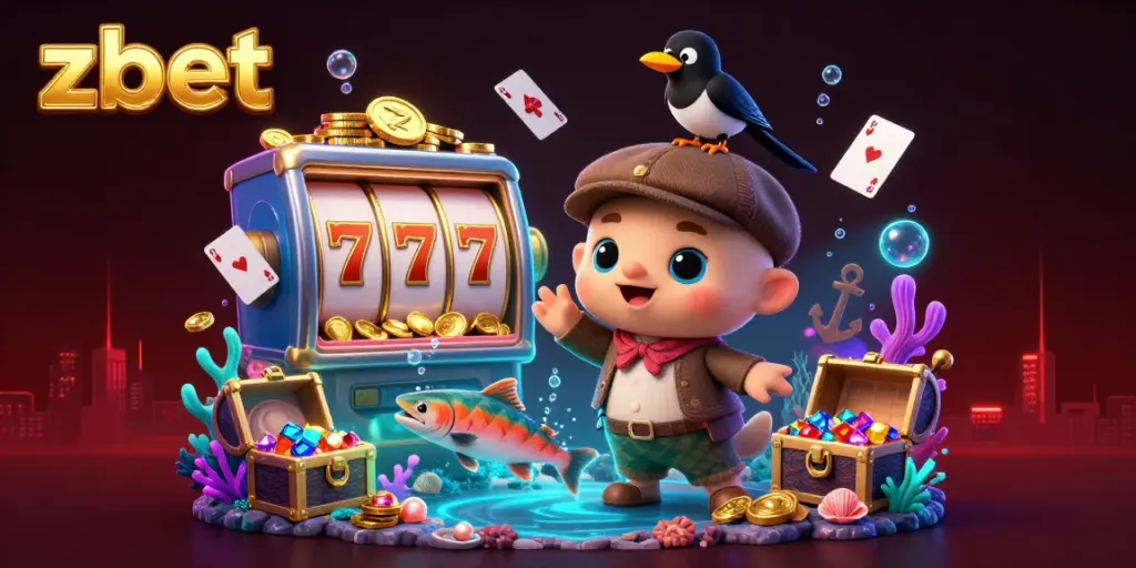 Engage with zbet's playful underwater adventure featuring a 3D cartoon Nessie, magpie, and tartan salmon in a vibrant casino scene.