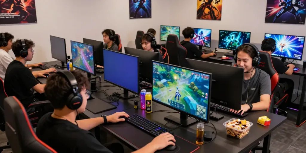 Gamers immersed in diverse gaming activities at gem88.com gaming lounge.