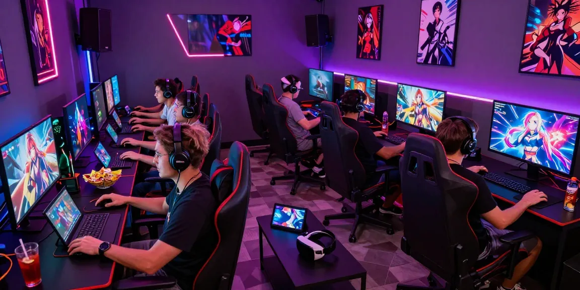 Exciting gaming lounge filled with adults playing engaging hentai games, showcasing vibrant setups and a social atmosphere.