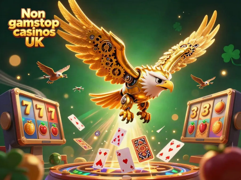 Experience Non gamstop casinos UK with a dynamic 3D eagle diving among slots and cards.