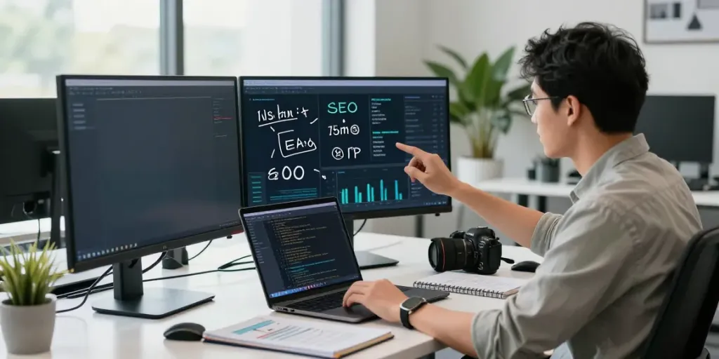 Professional analyzing instant indexing data in a modern office workspace
