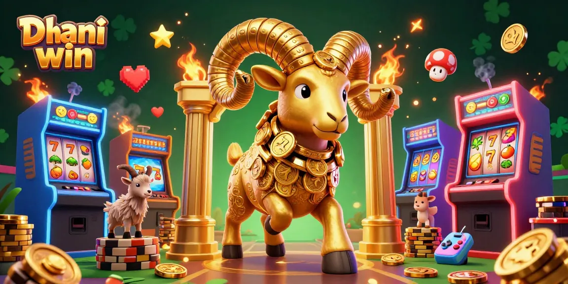 Win big with Dhani win in a vibrant gambling-themed 3D illustration packed with gaming elements.