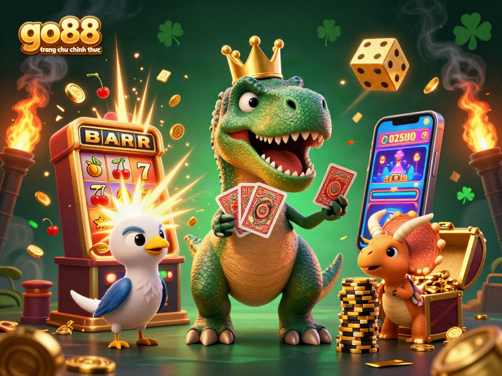 Engage with go88 trang chu chinh thuc's exciting 3D casino world, featuring playful characters and vibrant game elements.