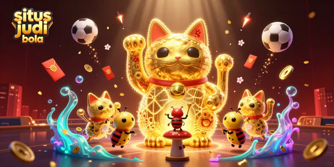 Engage with situs judi bola through an enchanting illustration of a lucky cat surrounded by sports betting elements.