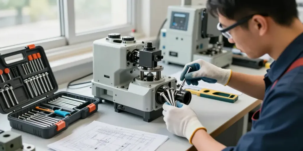 Technician using allen keys to assemble machinery in a modern workshop.