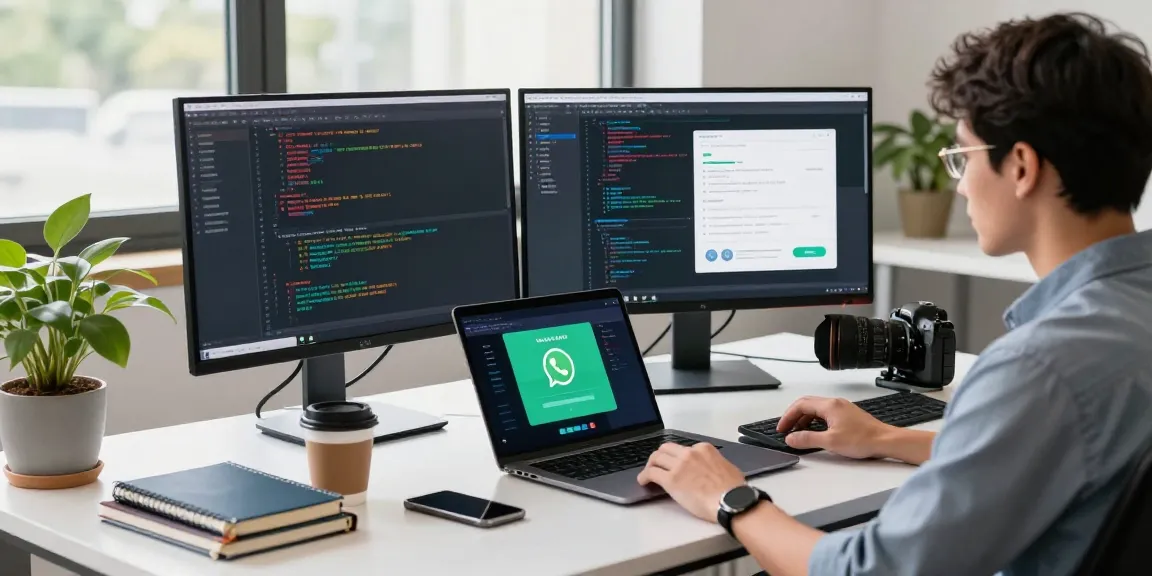 Developer in modern tech workspace showcasing WhatsApp下載 during innovative coding session.