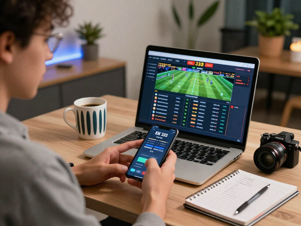 Engaging online betting experience with EK 333 platform on a smartphone in a modern workspace.