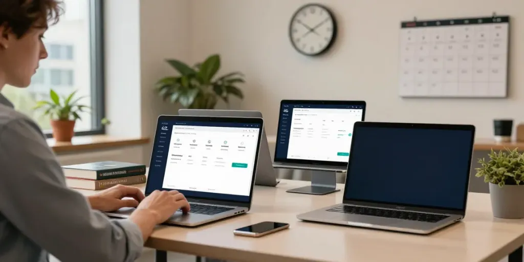 Register .co.uk domain name in a professional workspace with tech gadgets and a laptop.