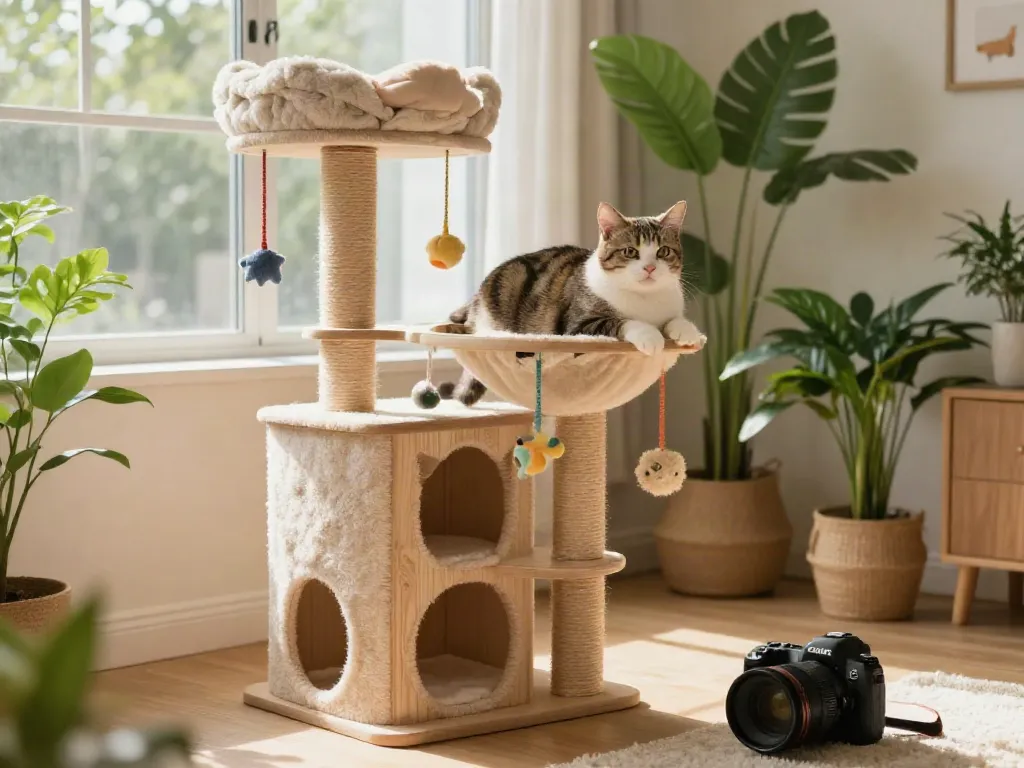 Cat tower in a cozy home setting with a playful cat interacting with it.