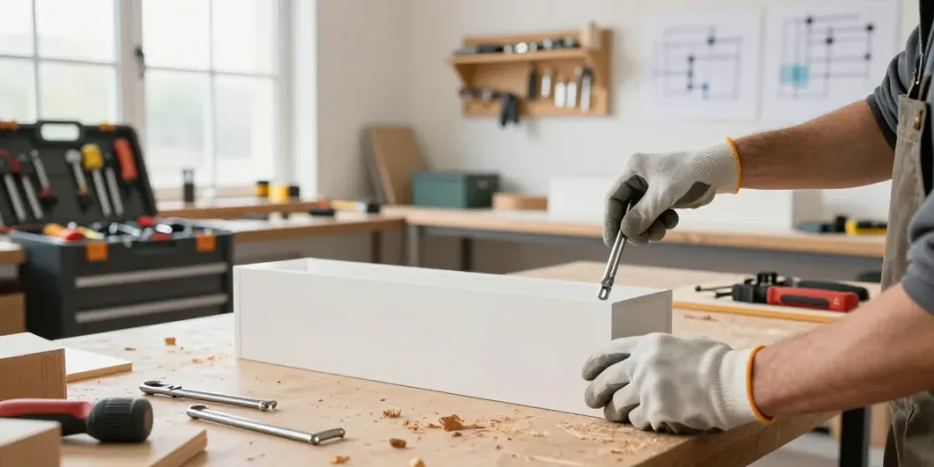 Craftsman using allen keys to assemble furniture in a bright workshop.