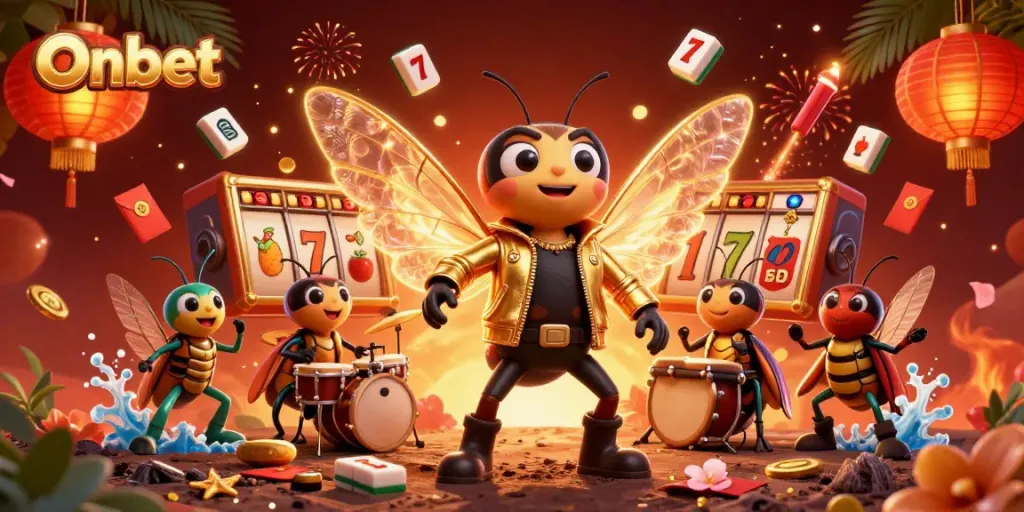 Onbet slot game action featuring a cartoon rock star cicada in a dynamic casino scene