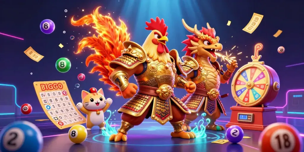 Cwin's dynamic gaming scene featuring an armored rooster warrior, dragon hatchling, and fortune cat amidst colorful lottery elements.