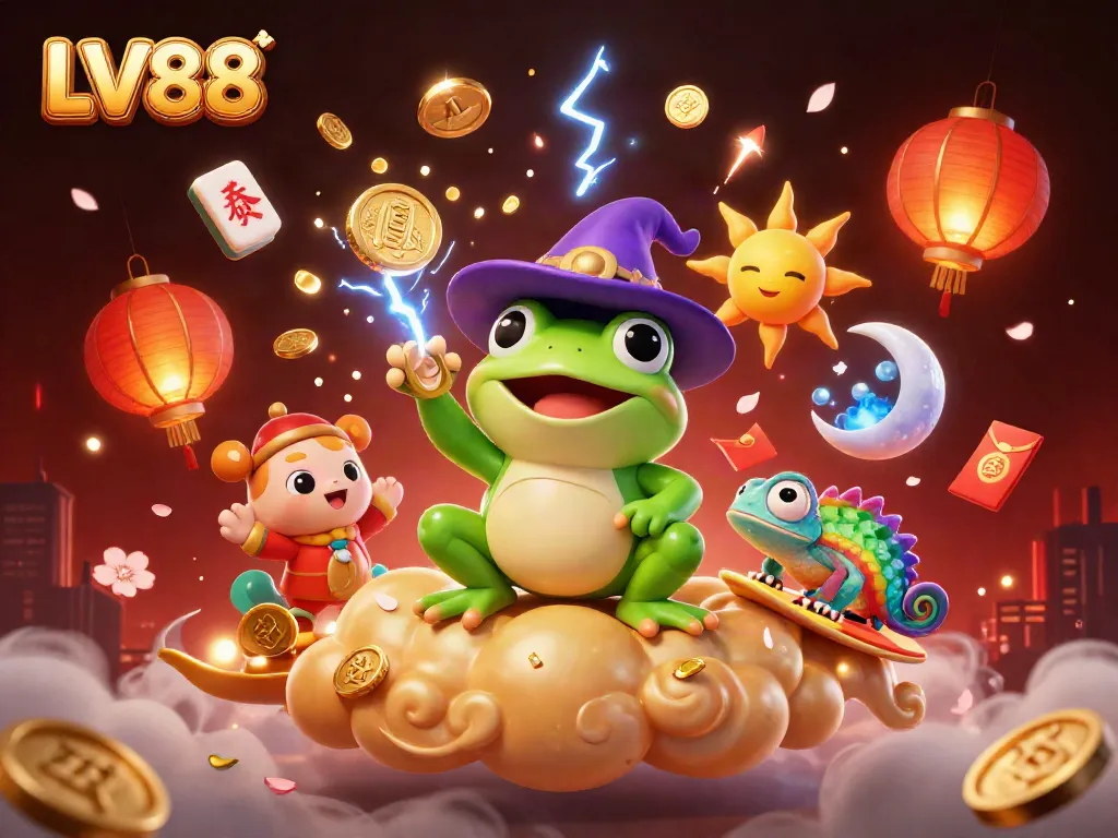 Experience thrilling gaming with LV88, featuring dynamic characters, golden coins, and festive elements.