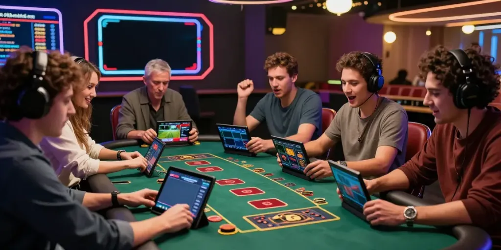 Online gaming players at DEBET, showcasing excitement and technology.