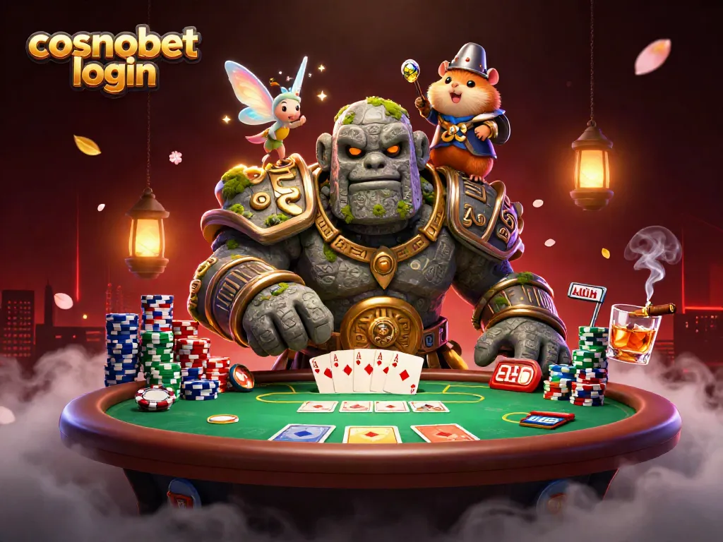 Engage with cosmobet login using a magical scene of a golem guardian and enchanting characters in a vibrant casino atmosphere.