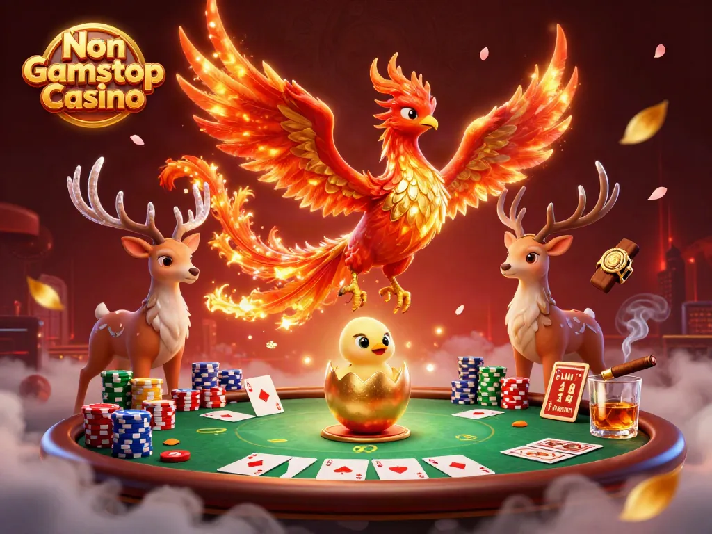 Engage with the vibrant Non Gamstop Casino scene featuring a phoenix, baby chick, and a stag among poker elements.
