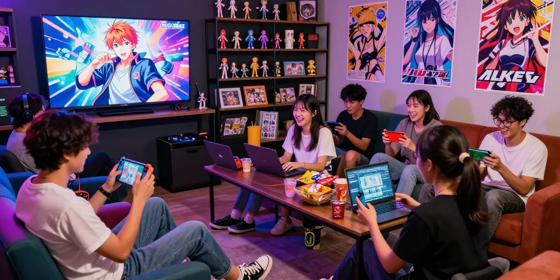 Group of friends enjoying ecchi games in a colorful gaming lounge