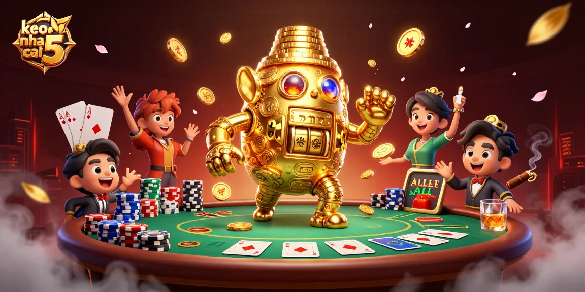 Experience keo nha cai 5's dynamic betting scene with a golden golem and poker elements.