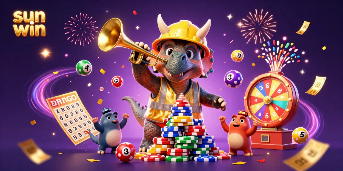 Engage with sun win as lively characters build poker chips and lottery elements in a vibrant 3D casino scene.