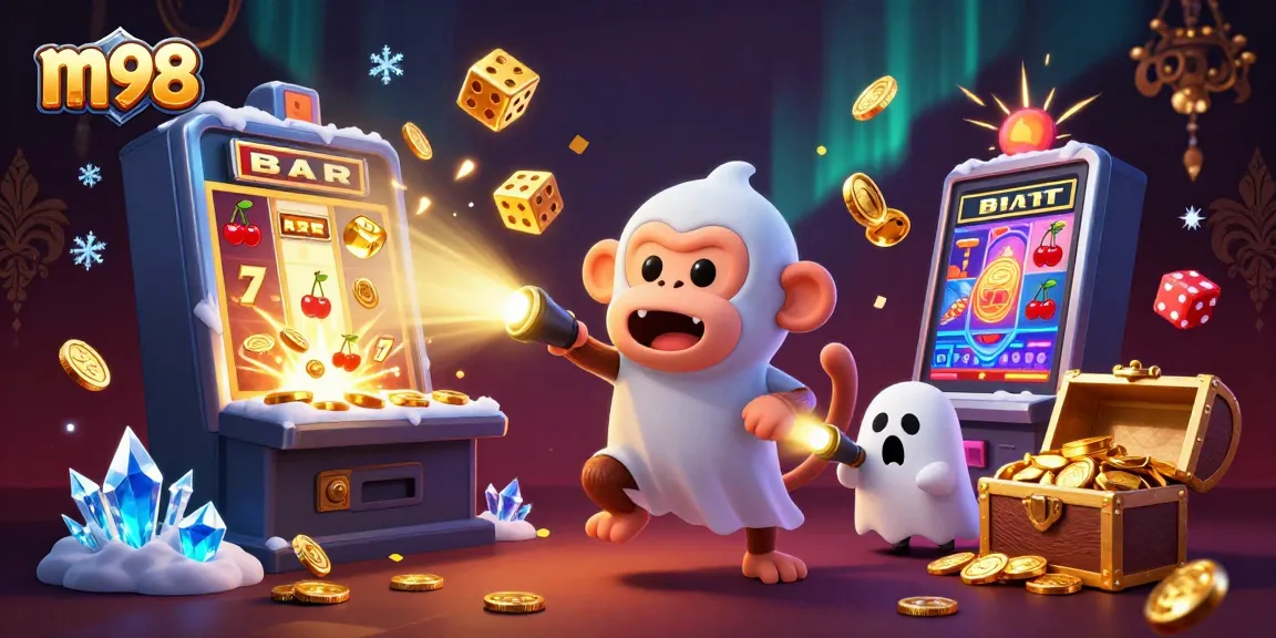 M98 casino experience, featuring a playful ghost and treasure with vibrant slot machine action.