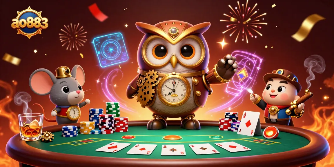 Engage in thrilling action at ao883 with a time-traveling owl and poker elements in a dynamic casino scene.