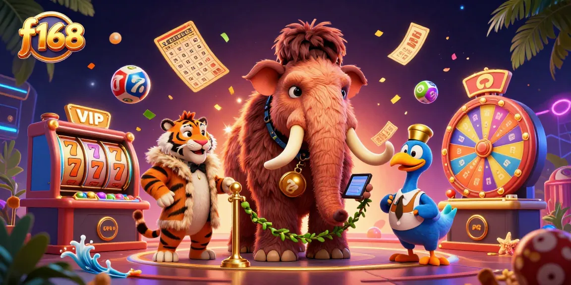 Experience the thrill of f168 with lively characters enjoying slots and games in a vibrant casino.