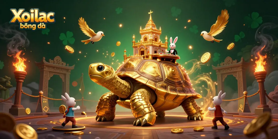 Xoilac bóng đá scene featuring a golden tortoise casino and rabbit dealer amid flying coins.