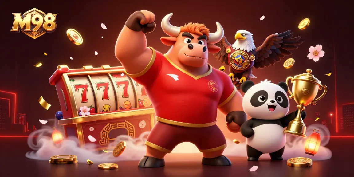M98 showcases winning moments with a vibrant casino celebration featuring a bull mascot, eagle, and panda.