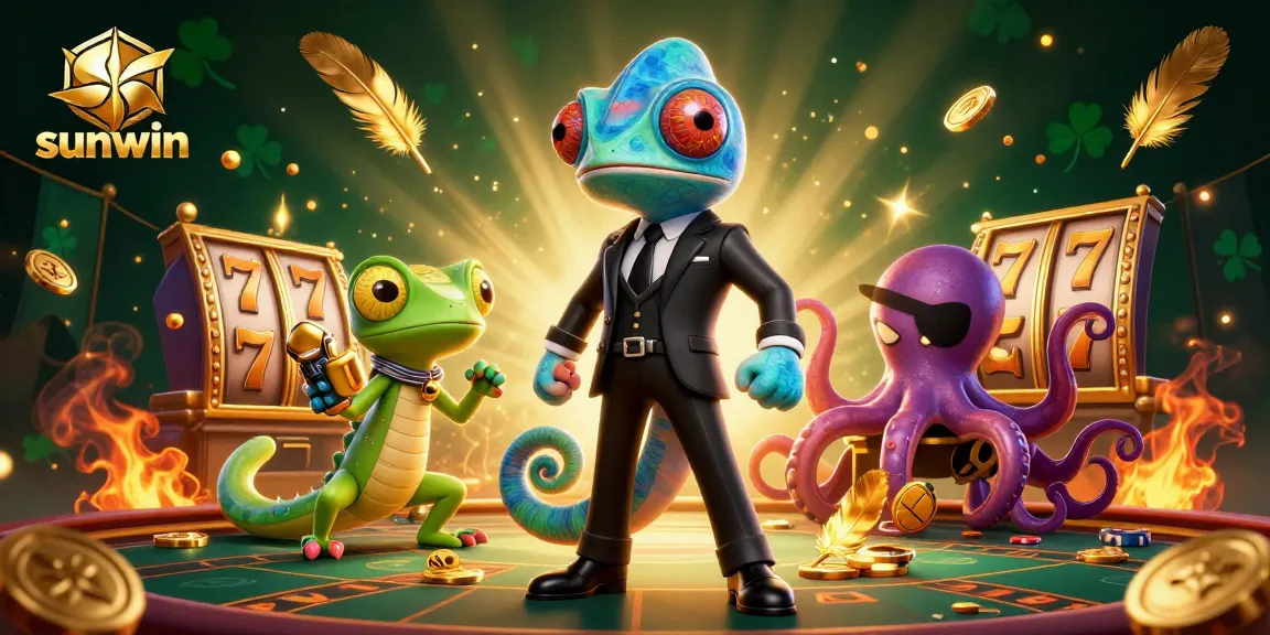 Engage in thrilling gameplay at sunwin with a lively casino scene featuring vibrant characters and slot game elements.
